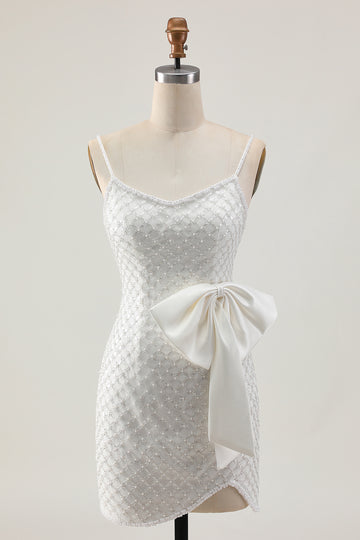 Pearl Bodycon White Homecoming Dress With Bow